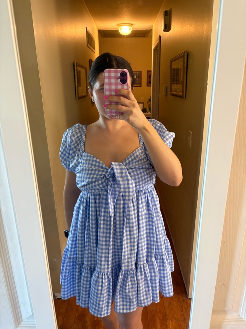 Blue Gingham Tie-Front Puff Sleeve Mini Dress